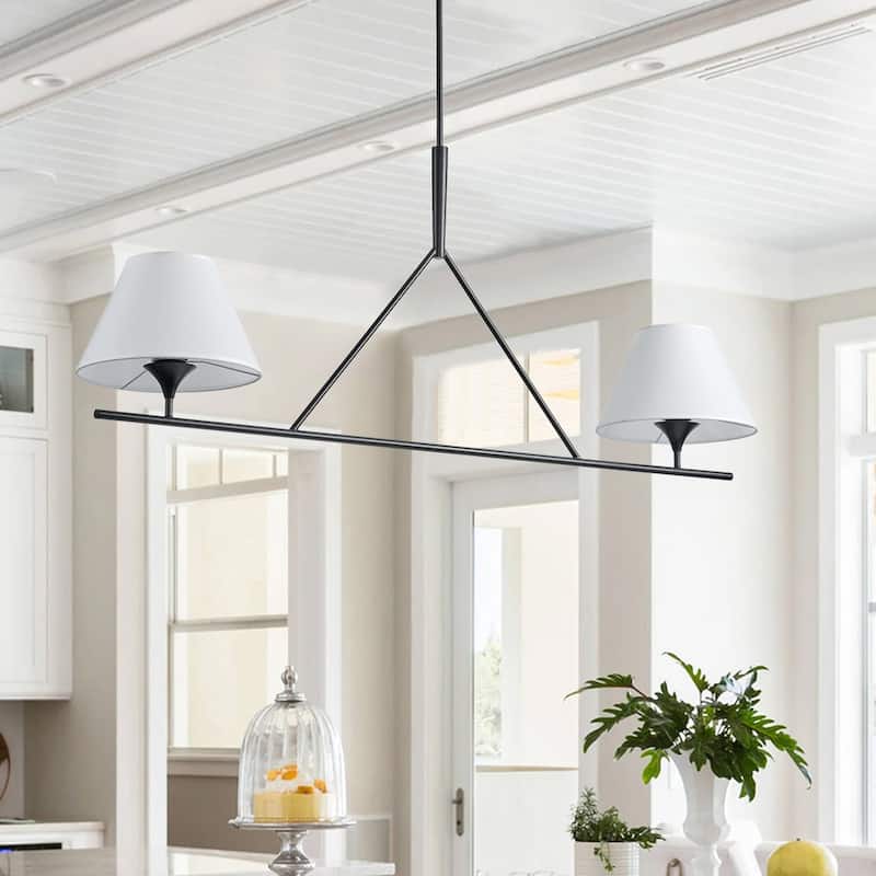 Farmhouse 2-Light Linear Kitchen Island Chandelier with White Fabric Lampshades - Black