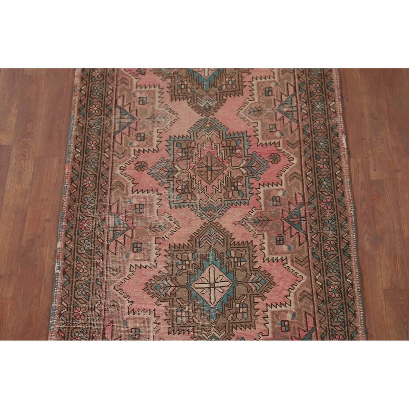 Pink Geometric Tabriz Persian Vintage Runner Rug Handmade Wool Carpet - 3'3"x 12'5"