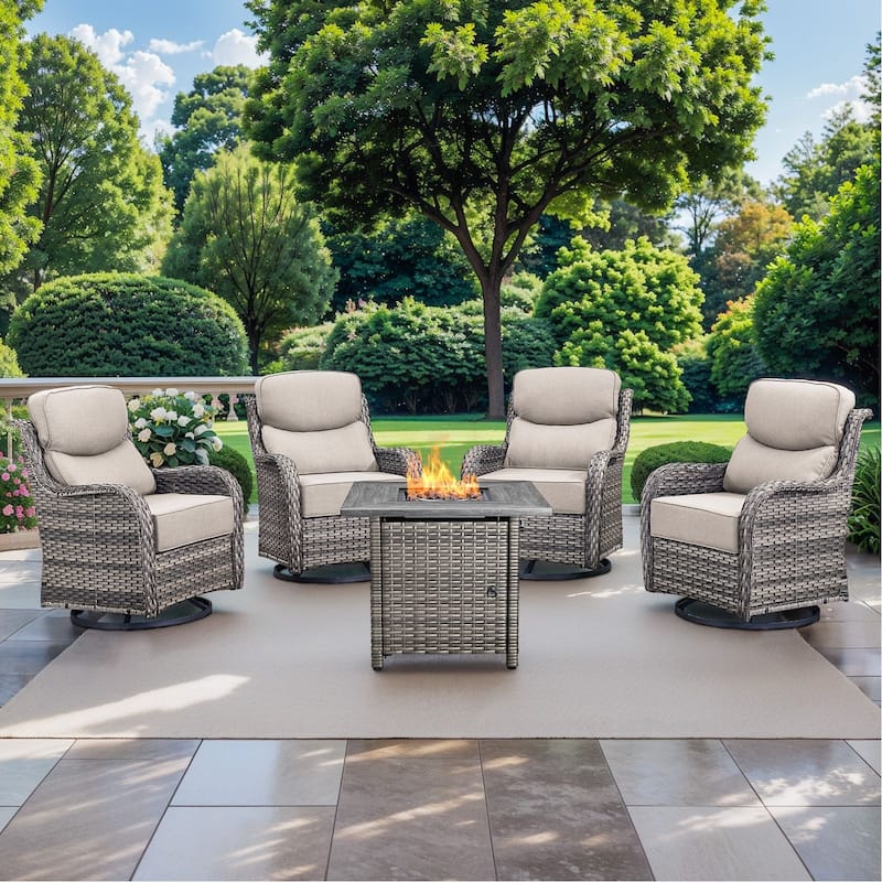 Pocassy 5 Pieces Outdoor 6" Swivel Chairs with Fire Pit Table - Gray Wicker - Gray cushion