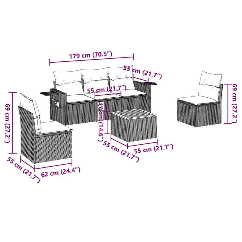 vidaXL Garden Sofa Set Poly Rattan 6 Piece Set - 21.7 x 21.7 x 14.6 in (W x L x H)