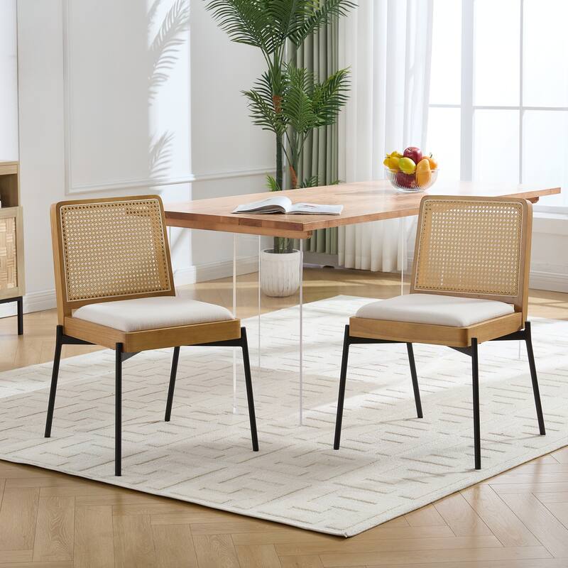 Accent Linen Dining Chairs with Rattan Backrest,Set of 2