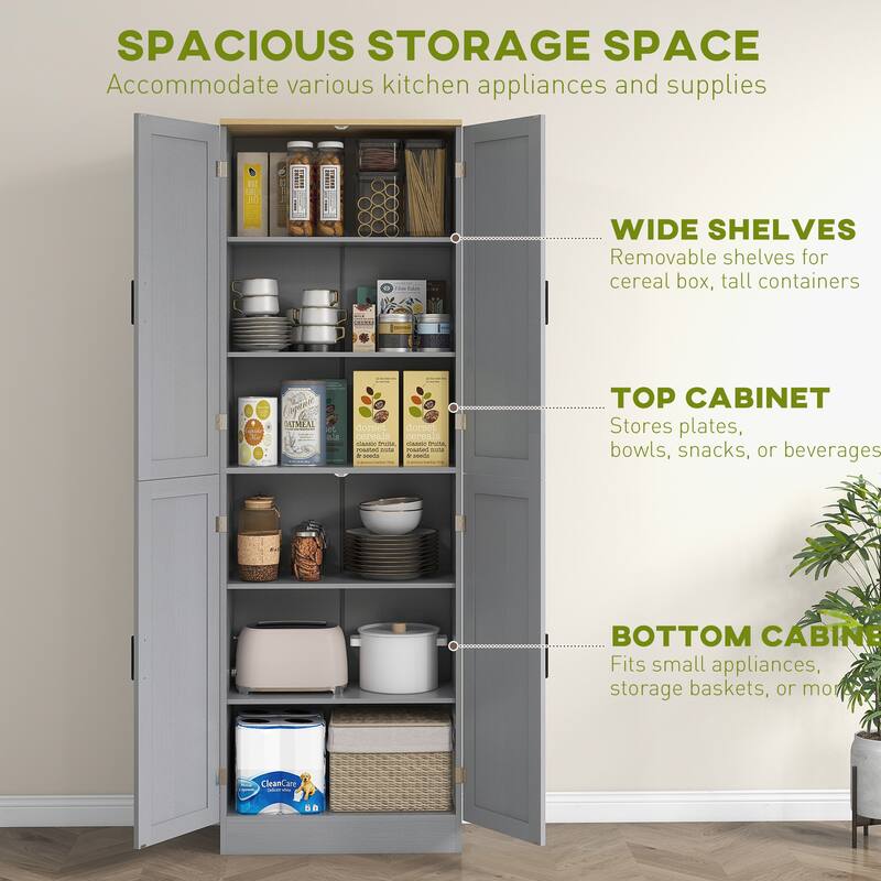 6-Tier Kitchen Pantry Cabinet with Adjustable Shelves and Recessed Doors Metal Handles - 23.5" W x11.75" D x 67.25" H