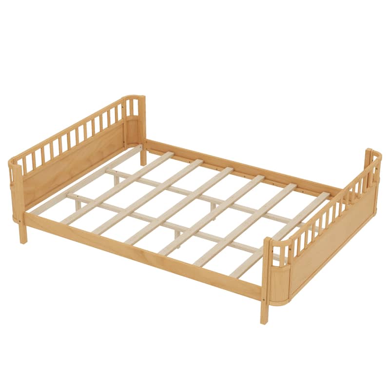 Multi Size Low Platform Bed for Kids with Rounded Corners Guardrails, Detachable Right-side Fence and Open Left-side Design