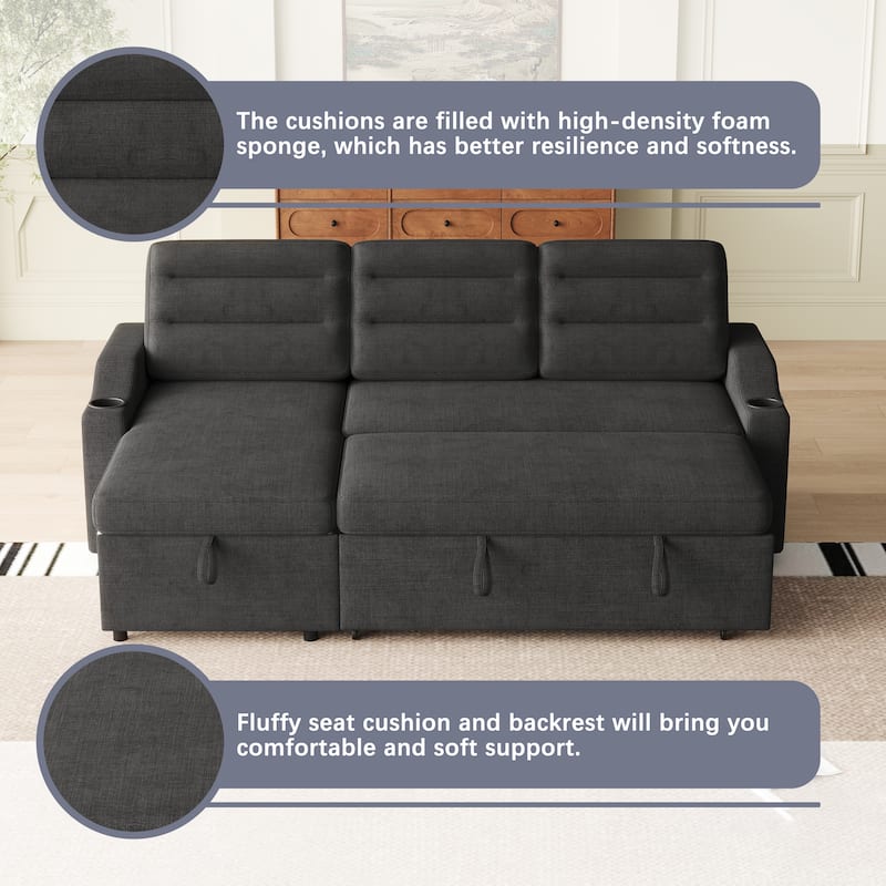 83.5" Fabric Convertible 3-Seater Sleeper Sofa with Pull-Out Bed, Recliner, Storage Pocket, and Cup Holder