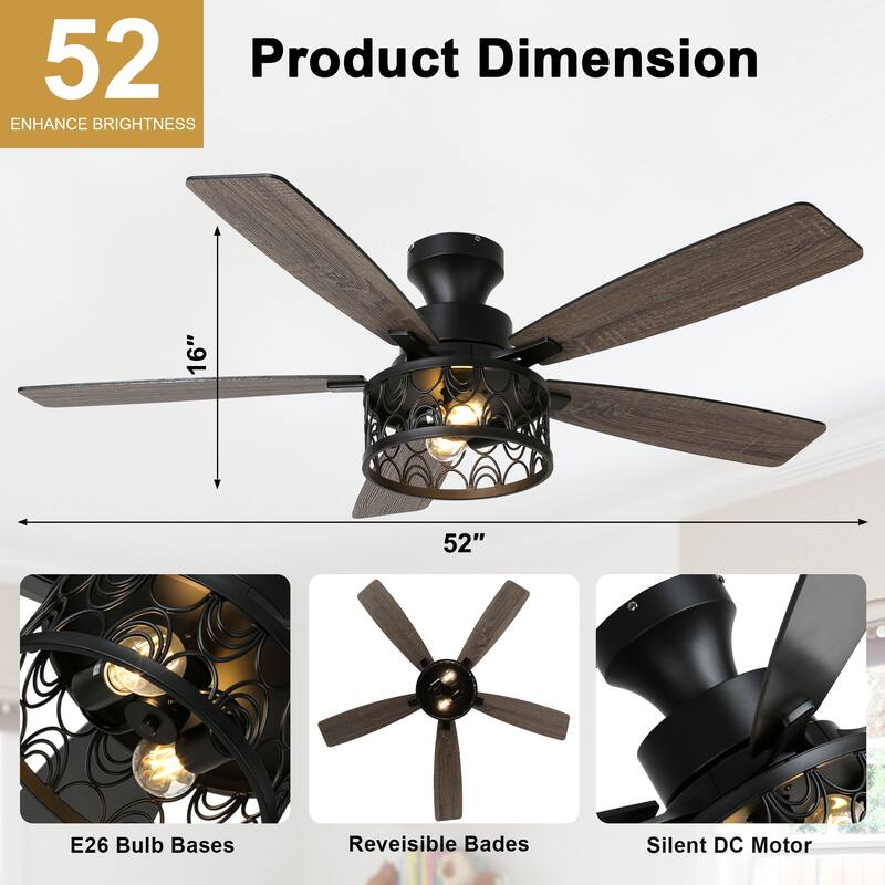 Cusp Barn 52-In Farmhouse Flush Mount Ceiling Fan with Lights and Remote Control, Black Caged Low Profile Chandelier Ceiling Fan