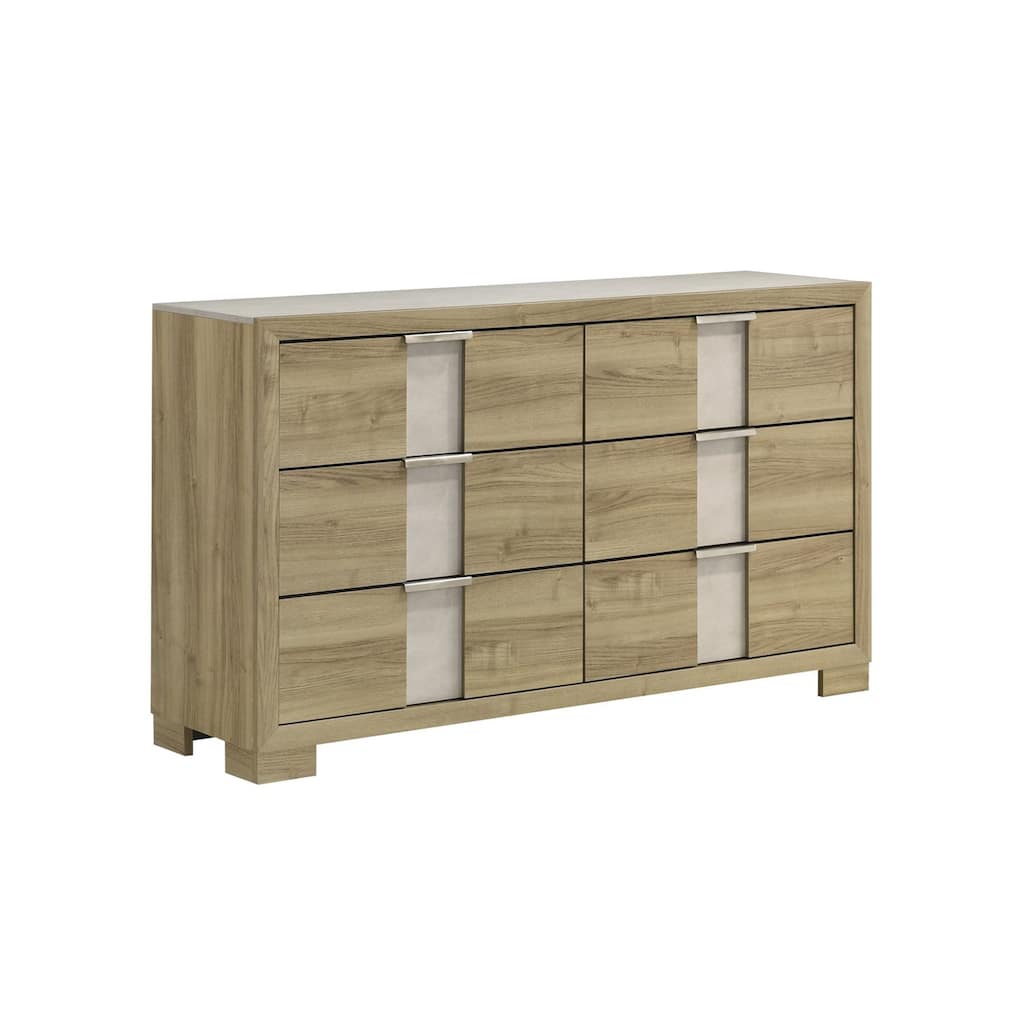 Amey Wide Dresser with 6 Drawers, White Trim, Driftwood Brown Finish