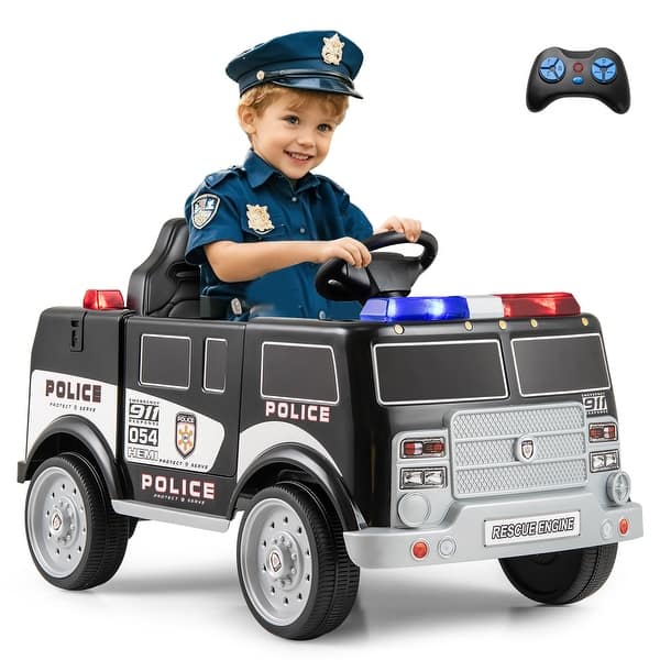 slide 2 of 10, Gymax Kids Ride on Police Car w/ 3 Speeds Megaphone Music FM Radio Black - Assembly Required - Kids