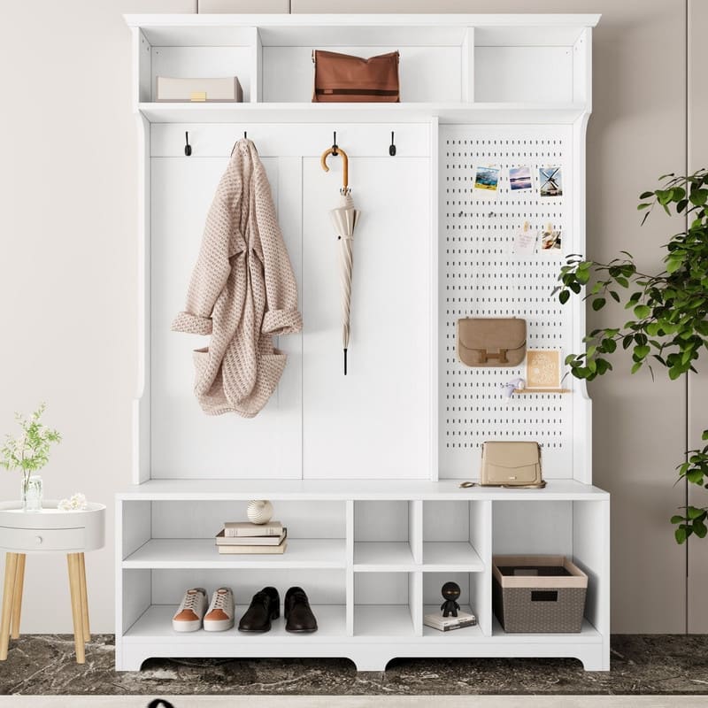 77.17"H Hall Tree with Shoe Bench,Coat Rack,Shoe Storage,Shelves and Pegboard - White