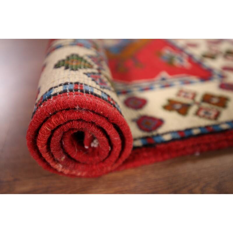 Geometric Red Kazak Accent Rug Hand-Knotted Wool Carpet - 2'1" x 2'11"