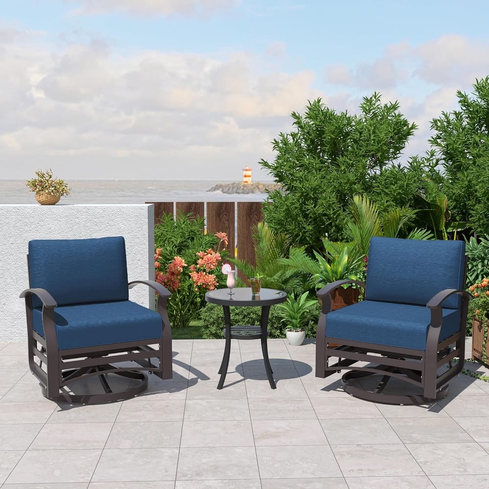 Kullavik 3Pcs Aluminum Rocking Chair Swivel Chairs Set with Glass Top Table & 5" Thick Cushion
