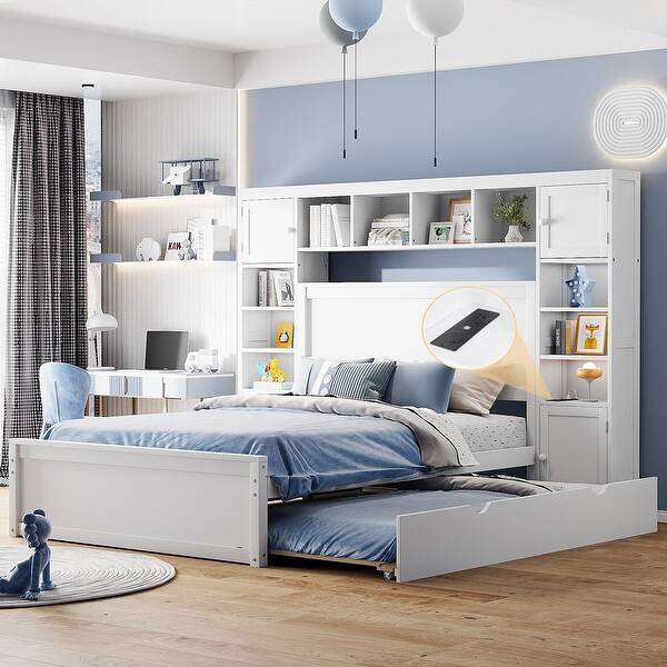 slide 2 of 94, Platform Bed with All-in-One Cabinet & Sockets, Wooden Slats Support Bed Frame with 2 Drawers & Trundle-No Box Spring Required White - Full