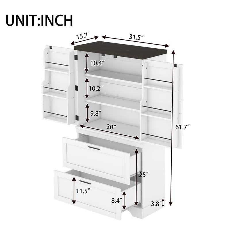 Roomfitters Modern Farmhouse Kitchen Storage Cabinet with Adjustable Shelves and Inside Door Organizer, White