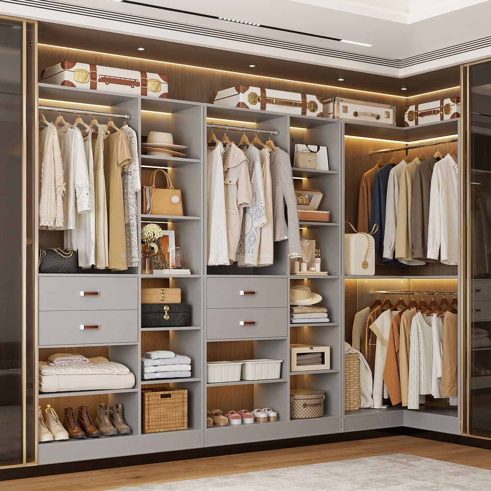 Set of 3 Corner Closet System with Tower Shelves, Closet Organizer with Drawers and Hanging Rods