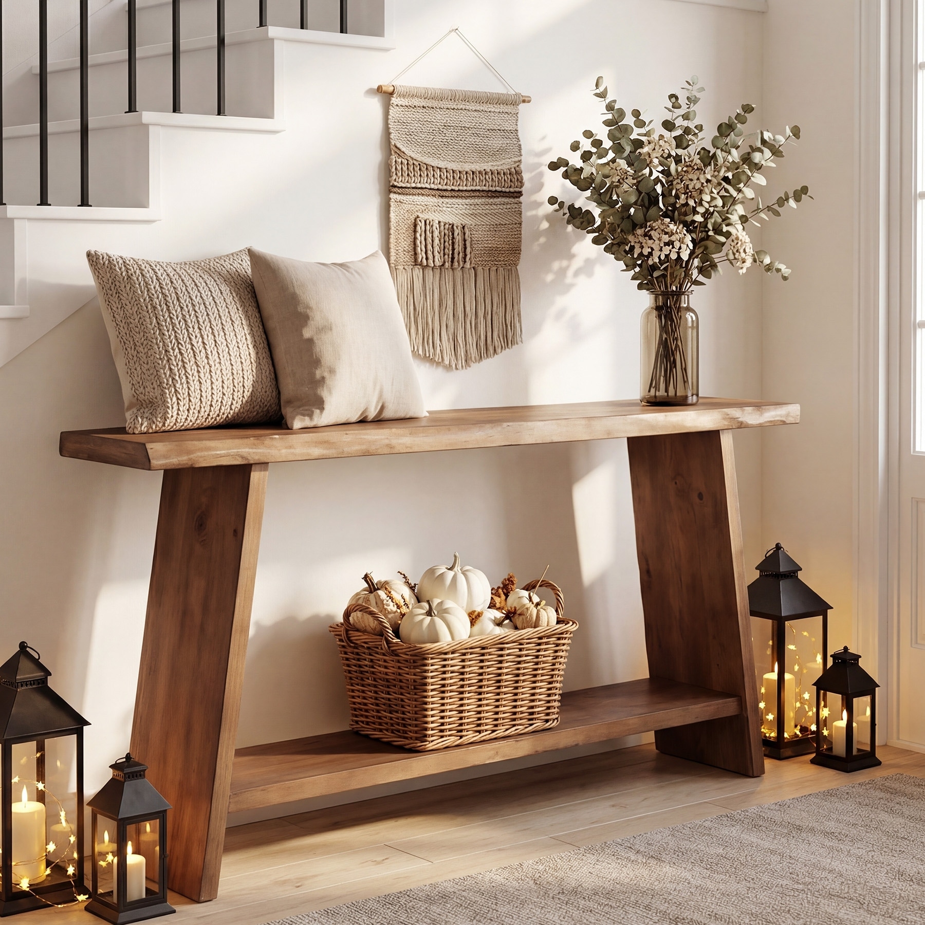 Solid Wood Console Table, 62.99" Entryway Table with Storage Shelf