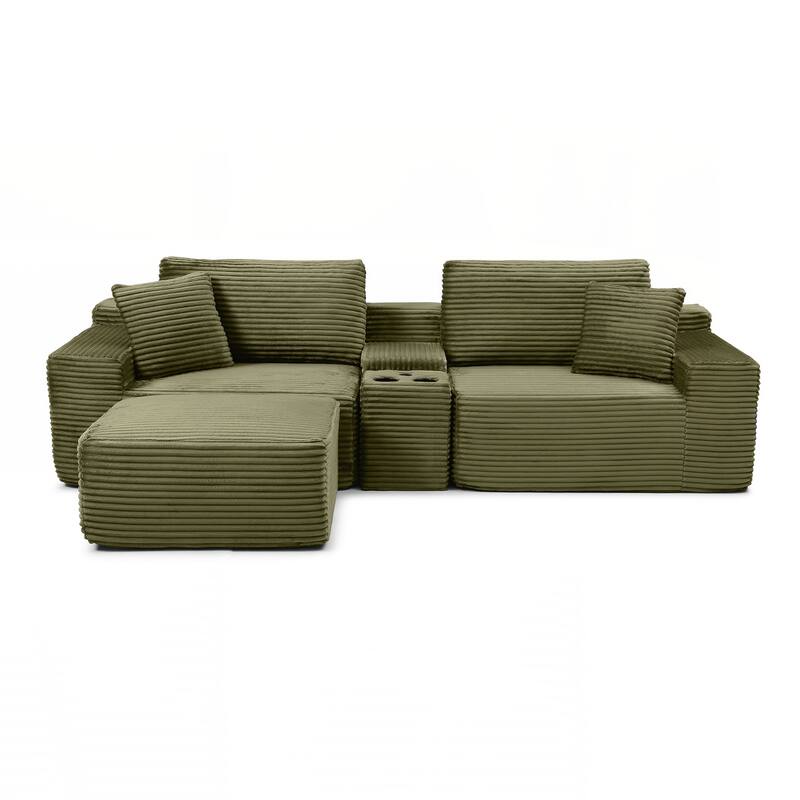 Modular Sectional Sofa, Deep Seat Corduroy Cloud Couch with Cup Holders, USB Ports & Storage Box