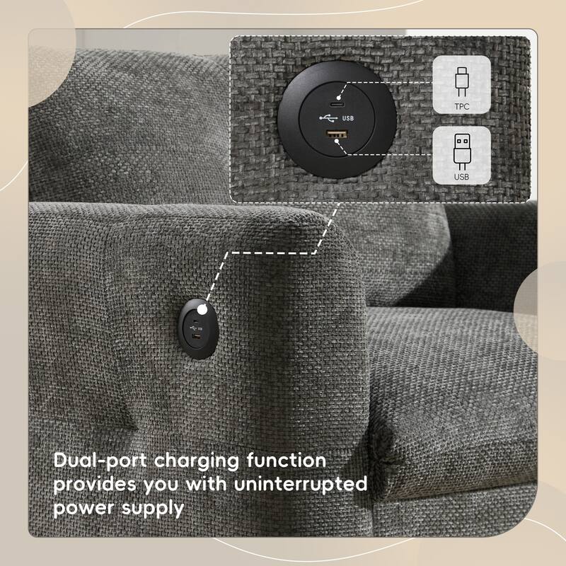 Chenille Single Sofa Armchair with Wide Seat, Dual-port Charger, Pull-line & Tufted Design