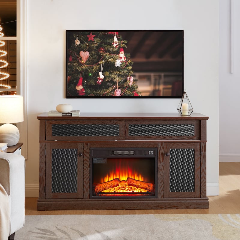 Embossed Pattern TV Stand for TVs Up to 65", Fireplace TV Stand with Storage Cabinet