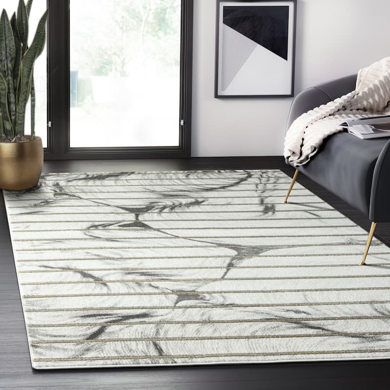 Abani Luna Contemporary White Swirl Indoor Area Rug - 7'9" x 10'2" - Grey