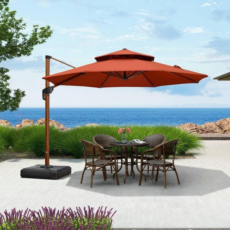 PURPLE LEAF 10/11/12ft Round Wood Pattern Patio Cantilever Umbrella with Base