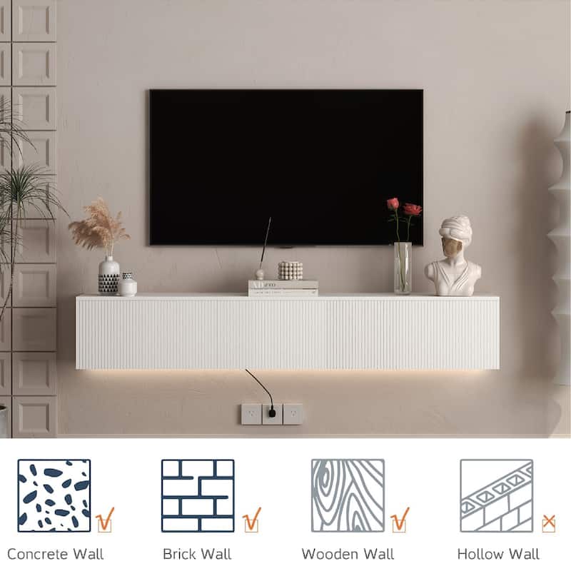 Modern LED Floating TV Stand, White Wall TV Storage Cabinet with Flap Doors, Wood Media Console for TVs Up to 69"