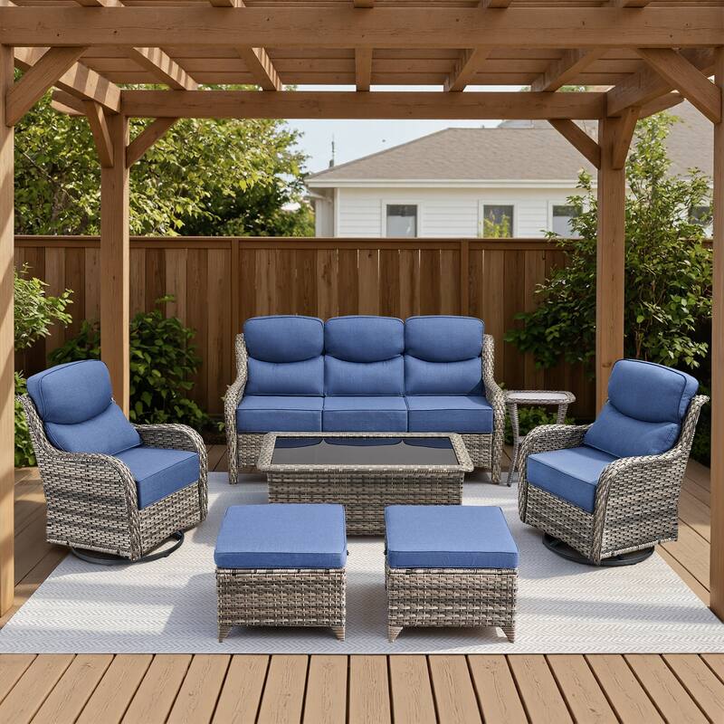 Meyreso 7-Piece Wicker Patio Conversation Set with Swivel Gliders and 6-Inch Thick Cushions - 7-Piece - Gray/Navy Blue