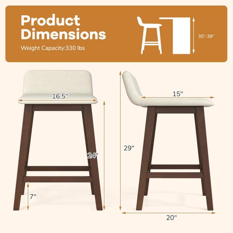 24'' Counter Height Bar Stools Faux Linen Upholstered Chairs with Low Back - 20" x 16.5" x 29" (L x W x H)
