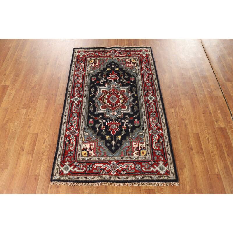 Hand Knotted Oriental 100% Wool Carpet Traditional Medallion Navy Blue & Blues Heriz (serapi) Area Rug - 4' 11'' X 3' 0''