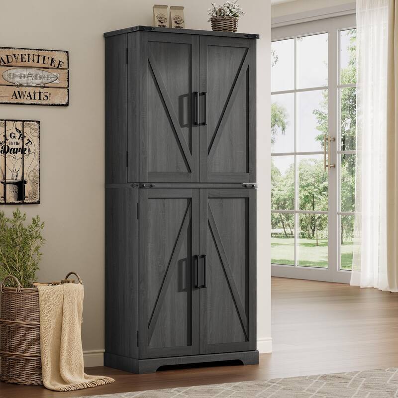 Farmhouse Wood Pantry Cabinet with Barn Doors, Adjustable Shelves