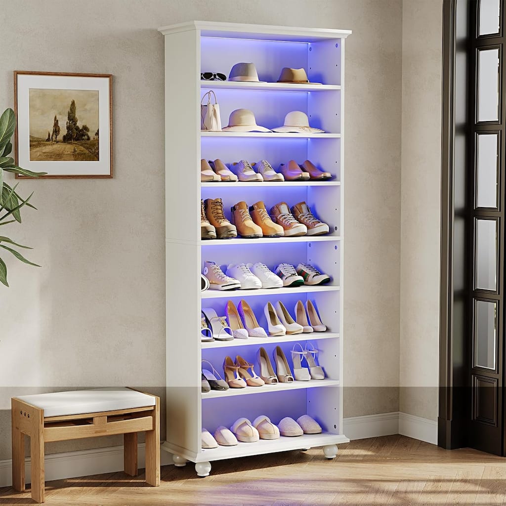 28" White 8-Tier Shoe Storage Cabinet with LED Light Strip
