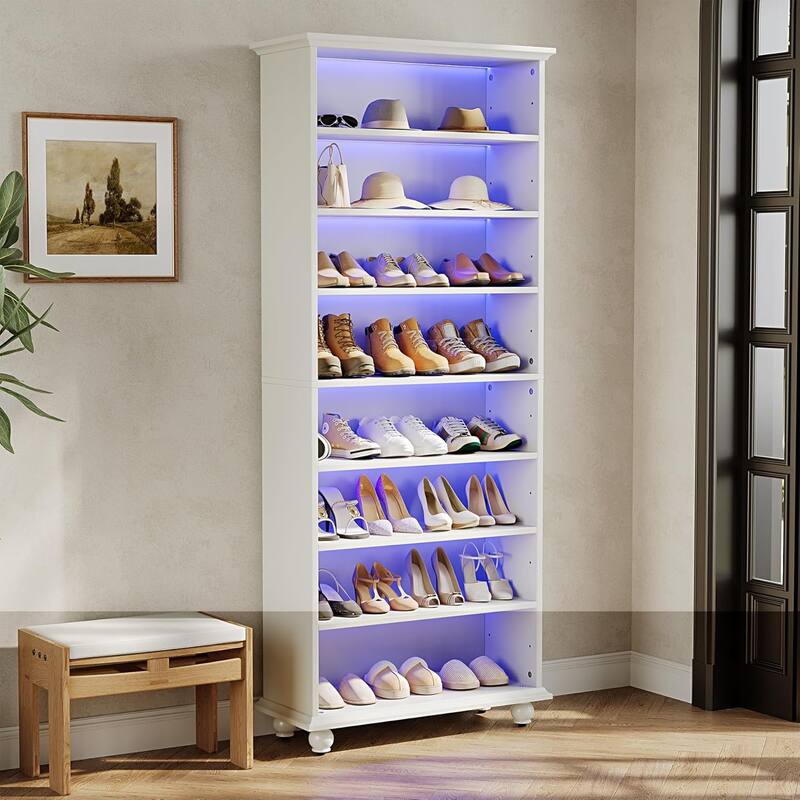 28" White 8-Tier Shoe Storage Cabinet with LED Light Strip