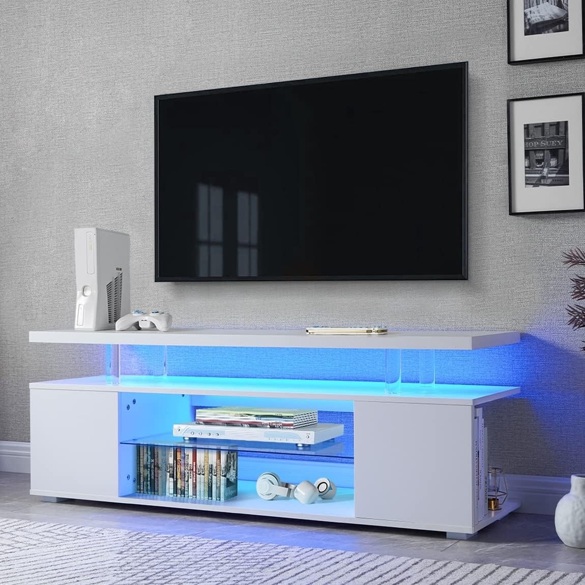 Modern LED TV Stand, Gaming Entertainment Center Media, for 60 Inch TV Table with Side Cabinet, for Living Room, White