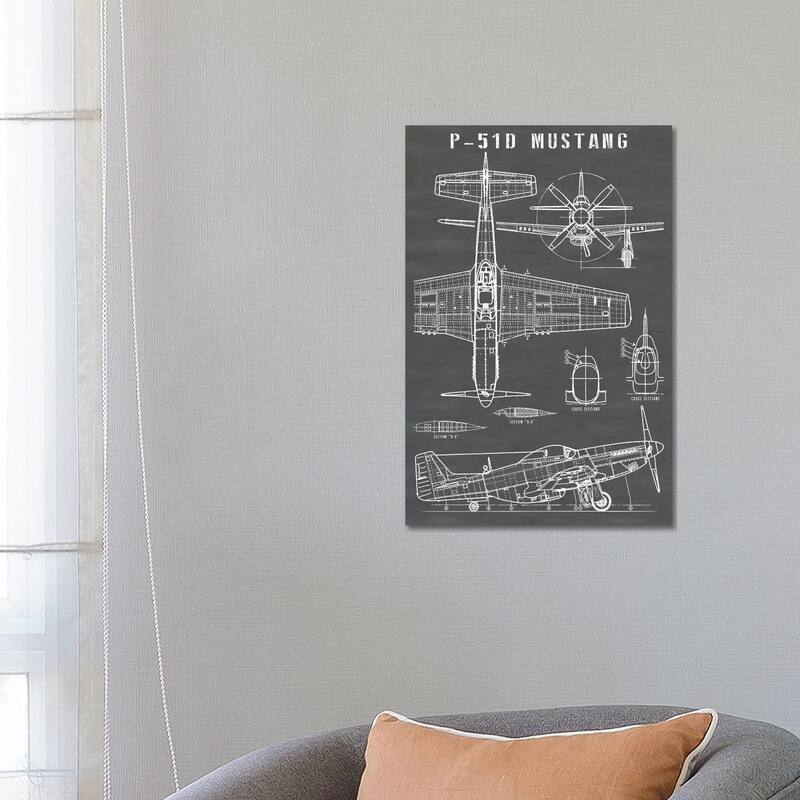 iCanvas "P-51 Mustang Vintage Airplane In Black" by Action Blueprints Canvas Print - 26x18x1.5