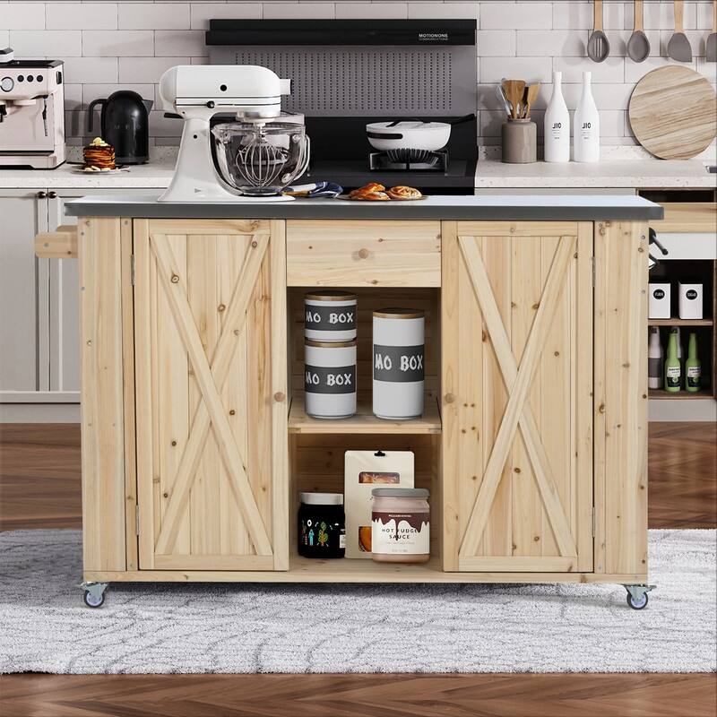 52.25" Outdoor Kitchen Island with Stainless Steel Top, Ample Storage Space, Towel and Spice Racks and a Bottle Opener - Natural