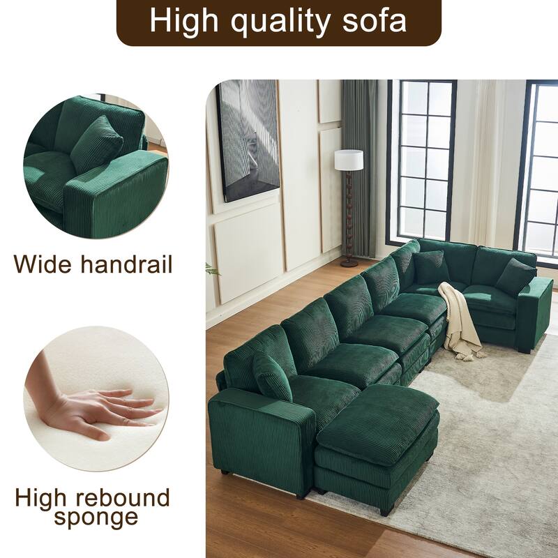 Modular Sectional Sofa for Living Room, U Shaped Sofa Couch with Ottoman and Three Toss Pillows, Corduroy Fabric Sofa Set