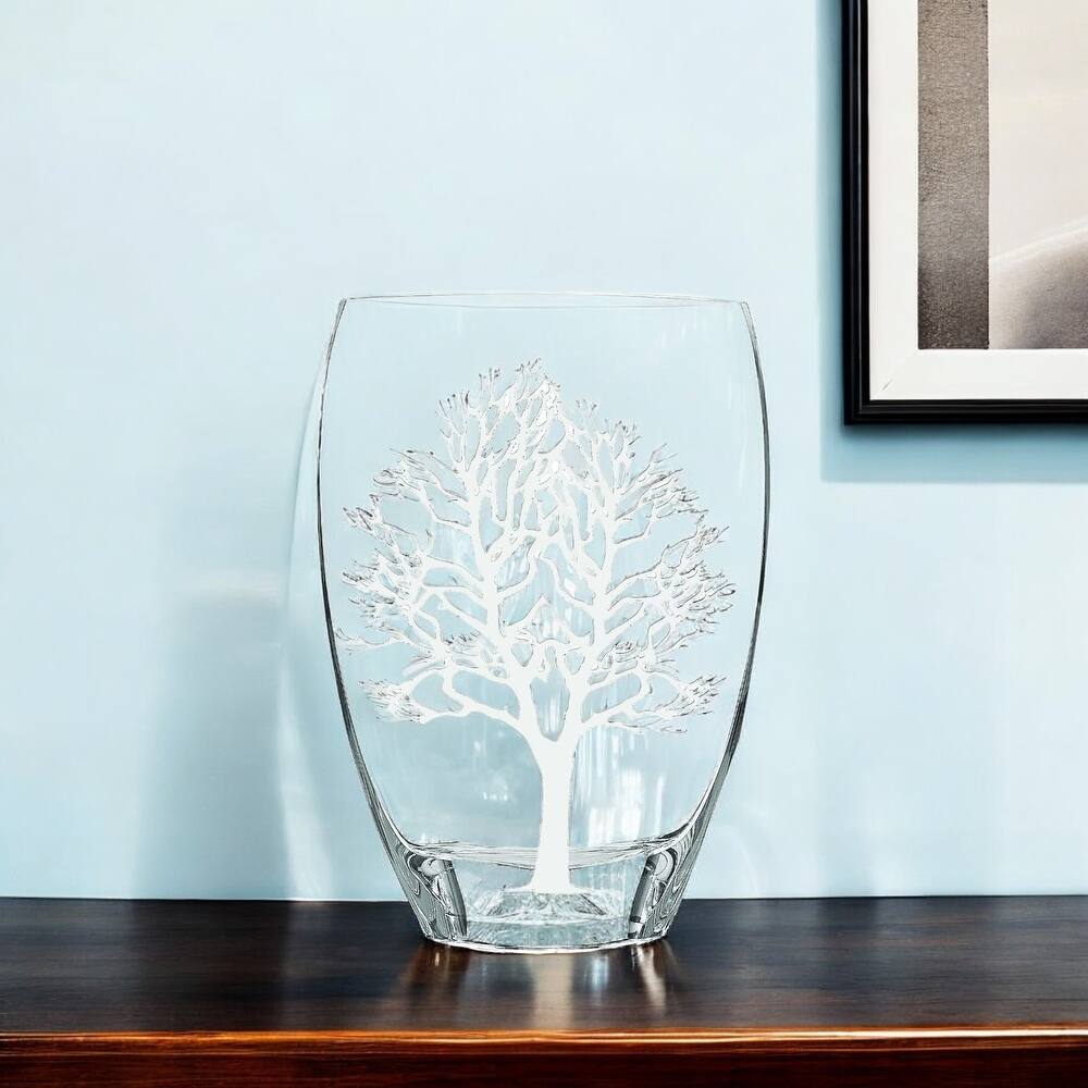 HomeRoots 12" Clear And White Tree Of Life Oval Lead Free Crystal Table Vase