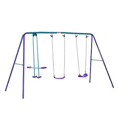 Metal Swing Set with Glider, Outdoor Heavy Duty A-Frame Suitable for Playground, Backyard, Purple