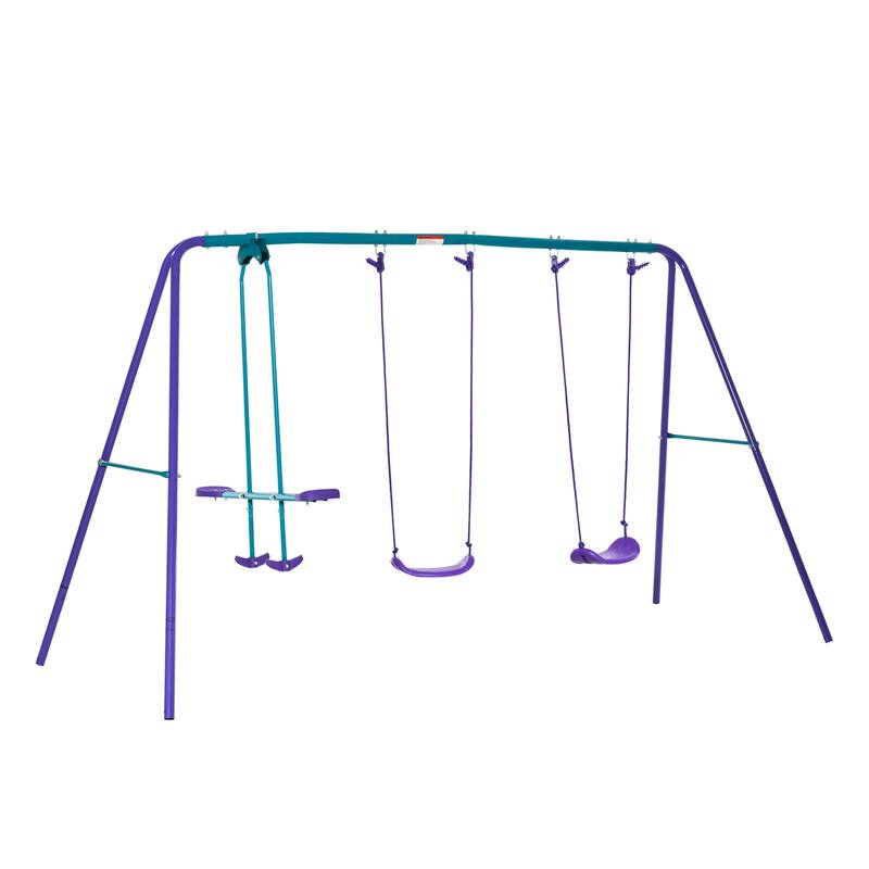 Metal Swing Set with Glider,Two Swing Seats and Adjustable Height,Outdoor Heavy Duty A-Frame Suitable for Playground - Purple - Purple