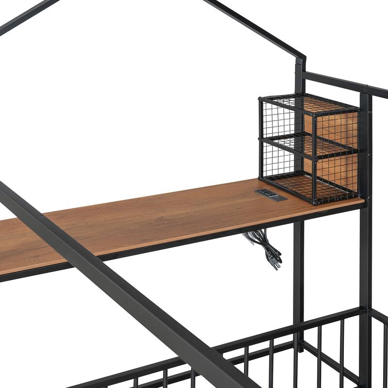 House Bed with Desk and Storage - Twin/Full Metal Frame with USB Ports, Power Outlets, and Shelves