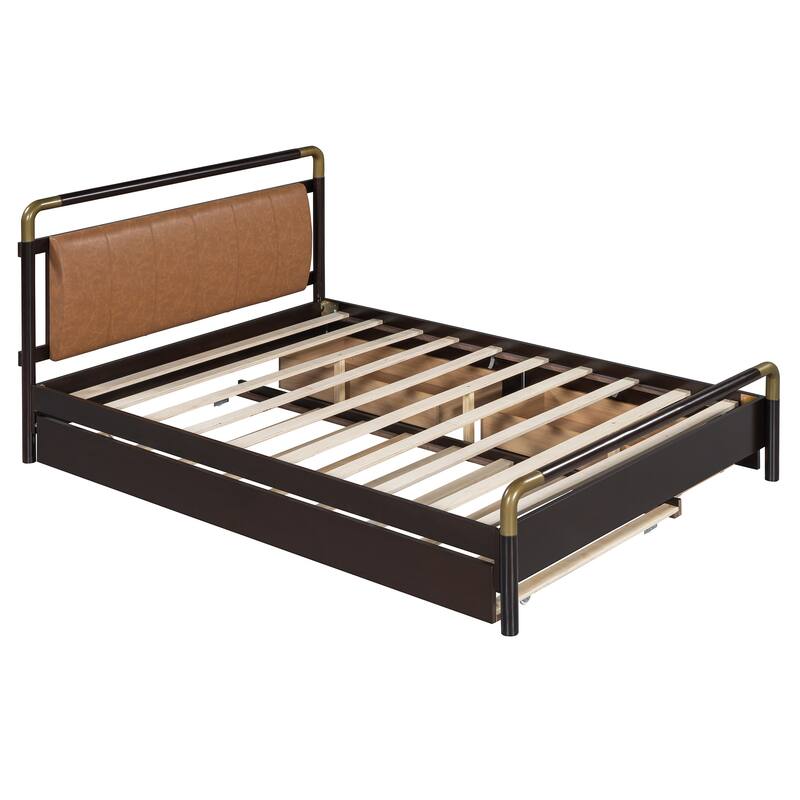 Queen Size Platform Bed with PU Backrest, Trundle Bed & 2 Storage Drawers