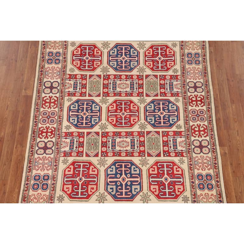 Geometric Kazak Oriental Area Rug Hand-Knotted Bedroom Wool Carpet - 5'0" x 6'9"