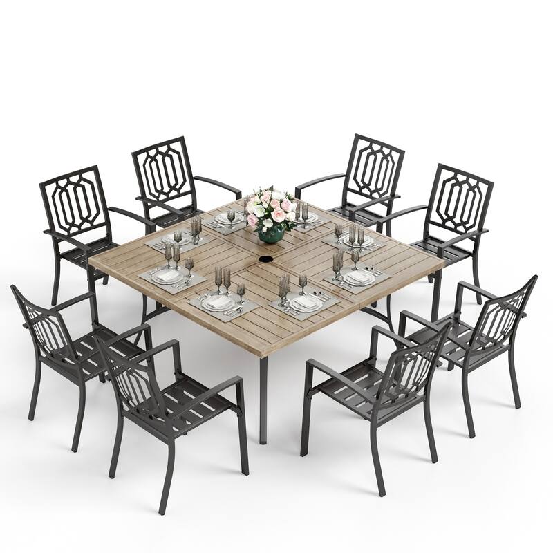 MAISON ARTS 9-Piece Patio Dining Set, 60 Inch Square Metal Table and 8 Metal Dining Chairs