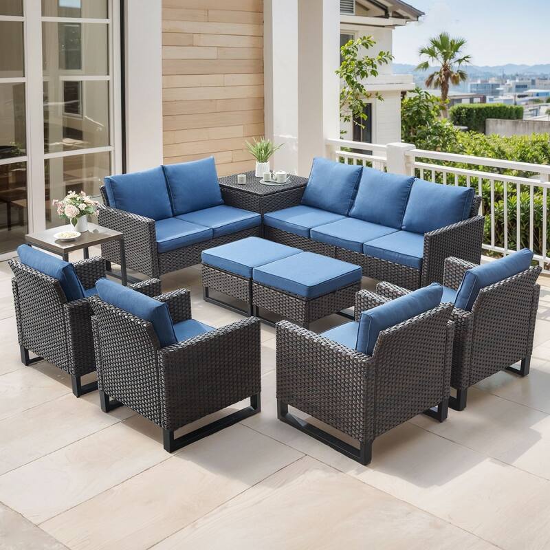 Gymojoy 9-11 Person All-Weather Wicker Outdoor Conversation Set Seating Group With lounge Chairs And Ottomans