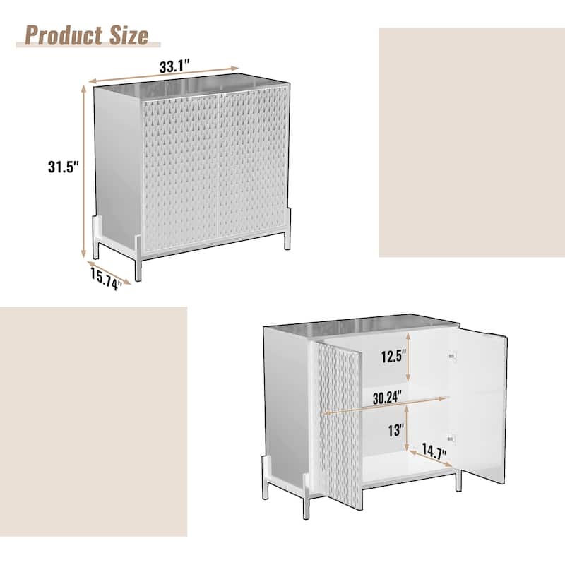 Gloss 2-Door Storage Cabinet with Adjustable Shelves, Buffet Sideboard Shoe Cabinet with Powder Coated Metal Feet