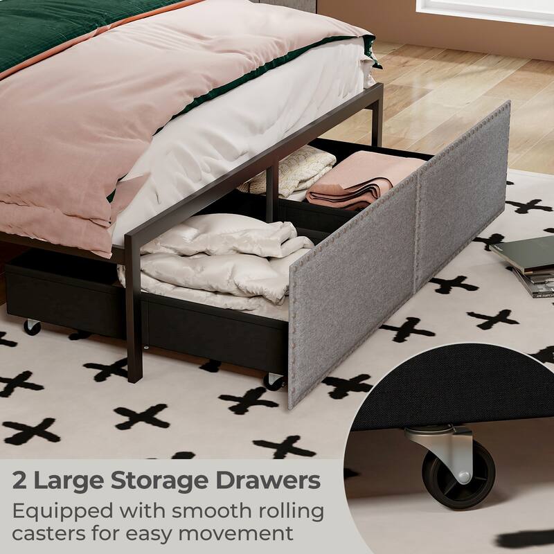 Full/Queen/Twin Size Bed Frame with LED Lights Drawer and Metal Slats