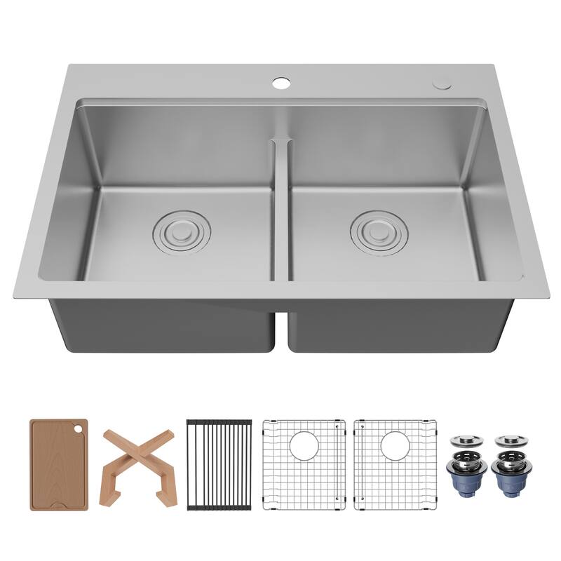 Karran Fusion Top Mount 33-in x 22-in Stainless Steel Double Equal Bowl Workstation Kitchen Sink