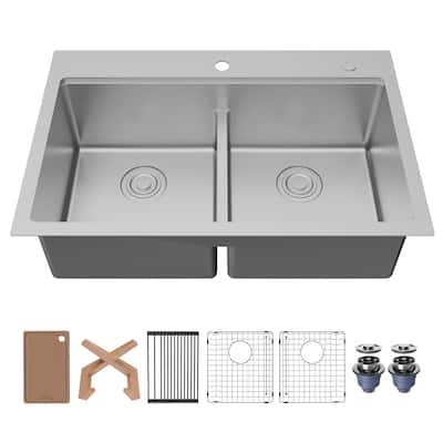 Karran Fusion Top Mount 33-in x 22-in Stainless Steel Double Equal Bowl Workstation Kitchen Sink