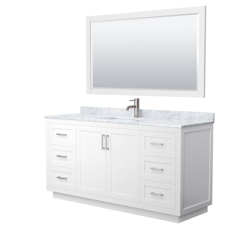 Miranda Bathroom Vanity Set, White Carrara Marble Top, 58-Inch Mirror - 66-Inch Single - White, Nickel Trim, White Carrara Marble Top