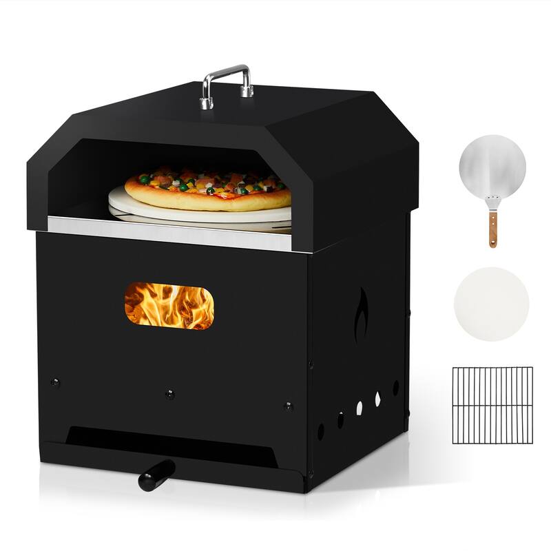4-in-1 Outdoor Pizza Oven with Wood Fire and Charcoal Grill - 14.4 x 13.3 x 18 in - Black