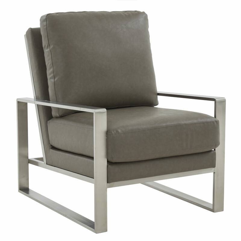 Jefferson Contemporary Leather Accent Armchair with Silver or Gold Frame, Removable Cushions, and Durable Spring-Supported Seat - Silver - Grey