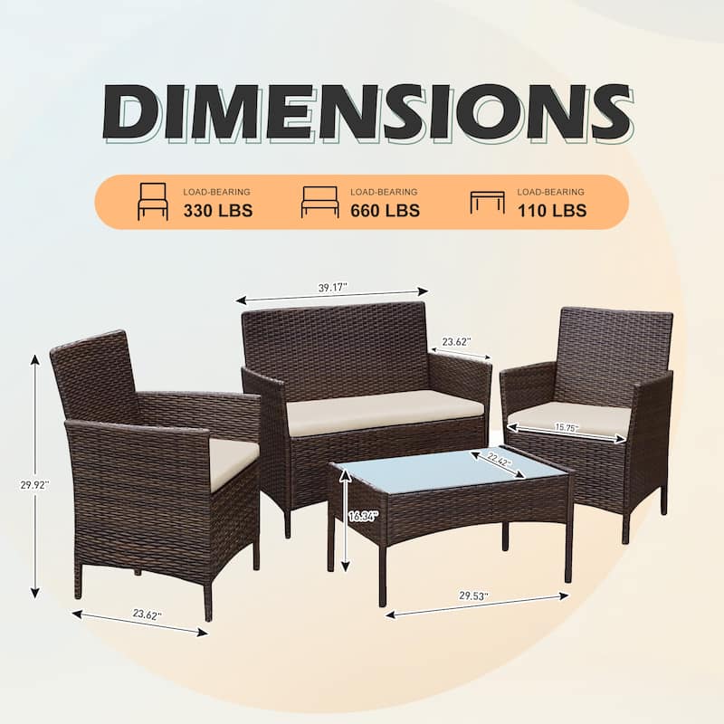 4 Piece Outdoor Patio Furniture Set With Cushions, Patio Wicker Conversation Set & Glass Coffee Table